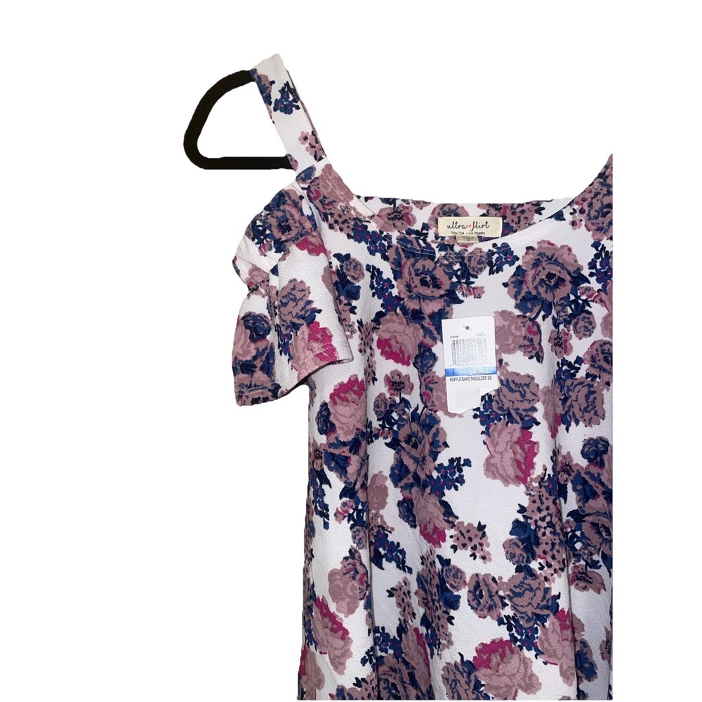 Ultra Flirt Womens Floral Cold Shoulder Ruffle Top Purple Pink Small 3D464 - Picture 3 of 13